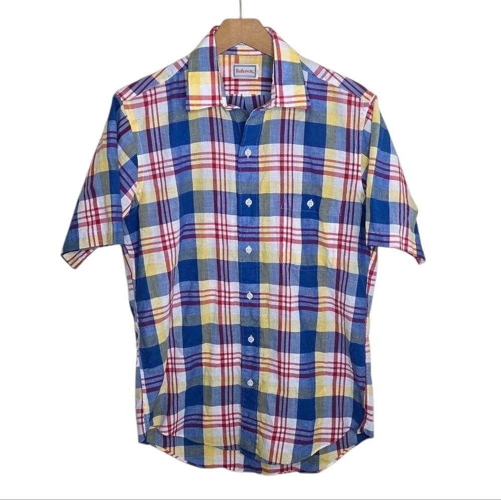 Vintage Hathaway | Red Yellow Blue White Plaid Short Sleeve Button Front Shirt